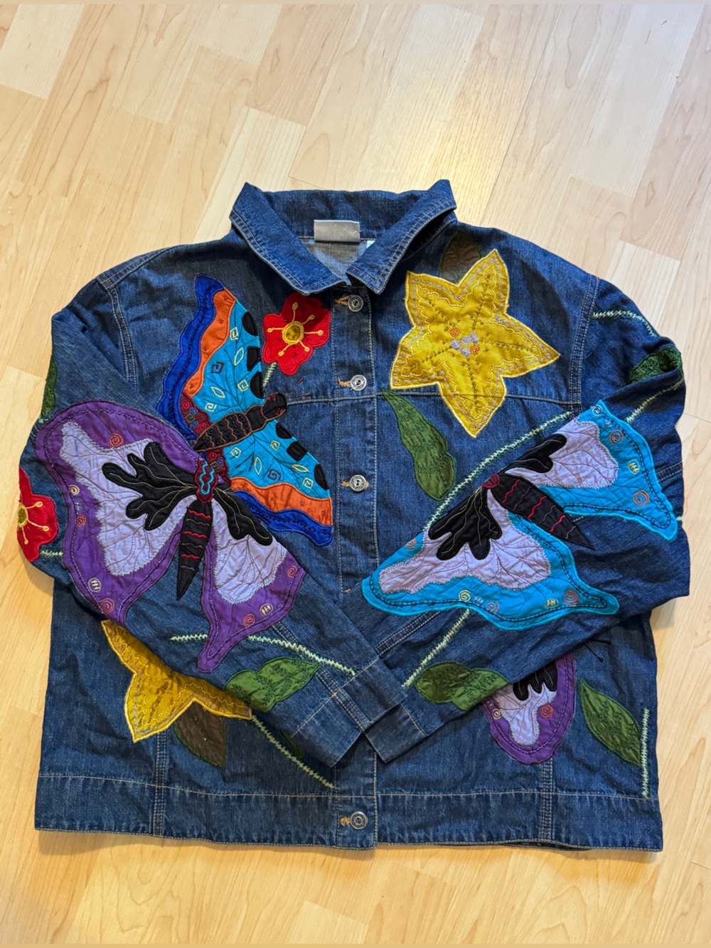 VTG Chico's Design Butterfly Denim Jacket Applique Embroidered Cottagecore XL 3